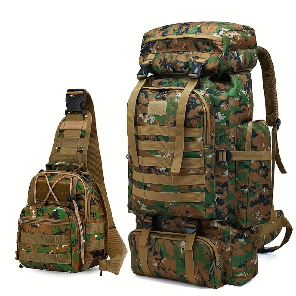 Un conjunto de dos piezas, una mochila para senderismo y montañismo