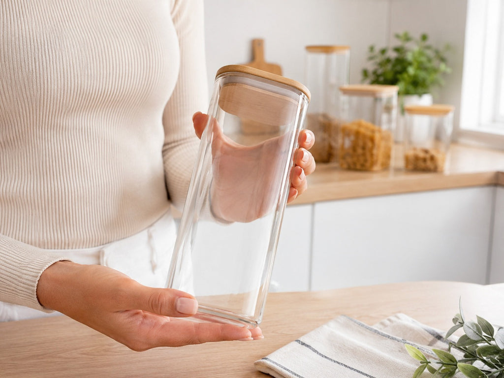 Set de recipientes grandes de vidrio para almacenamiento de alimentos, 4pza.s, 1000Ml | Tarros de cocina altos con tapa de bambú natural y sello de silicona | Contenedores de organización de cocina y despensa para productos secos, espagueti, arroz y cerea