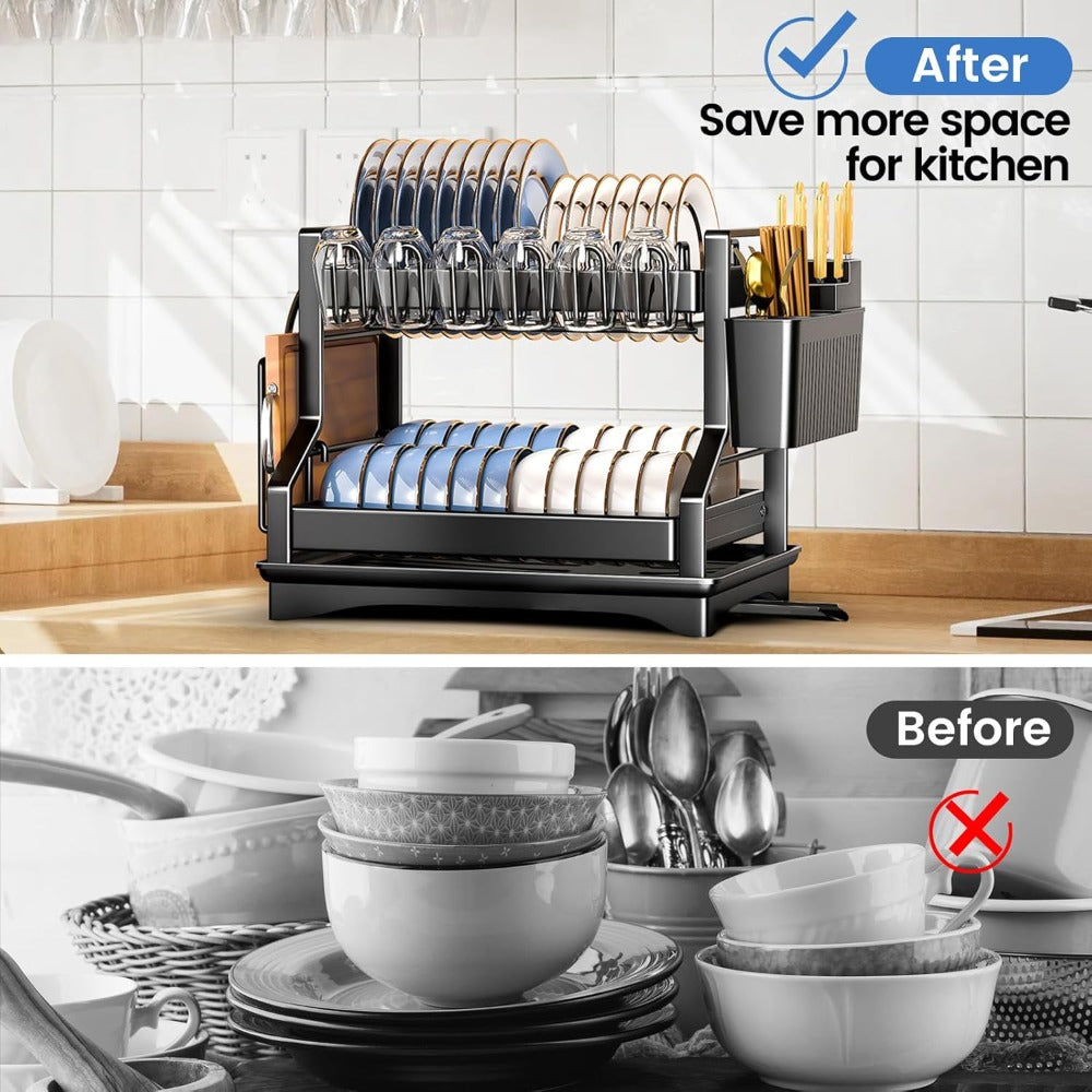 Escurridor de acero inoxidable de dos niveles con soporte para cubiertos, bandeja de goteo, portavasos y colador para fregadero