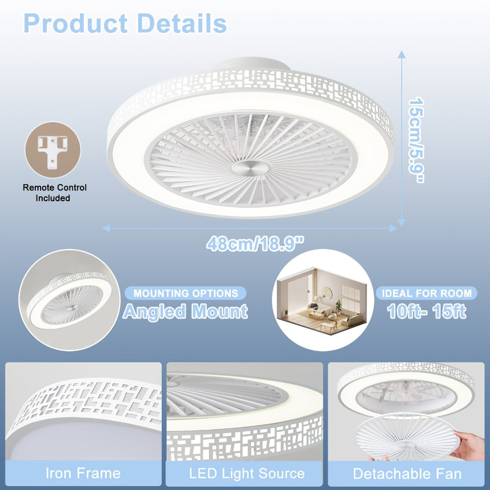 Ventilador de techo moderno de 48.26 cm con luz, 6 velocidades, reversible, de perfil bajo, ventilador de techo empotrado con luz LED regulable 3CCT, ventilador de techo con temporizador y control remoto para sala de estar, cocina, dormitorio y oficina