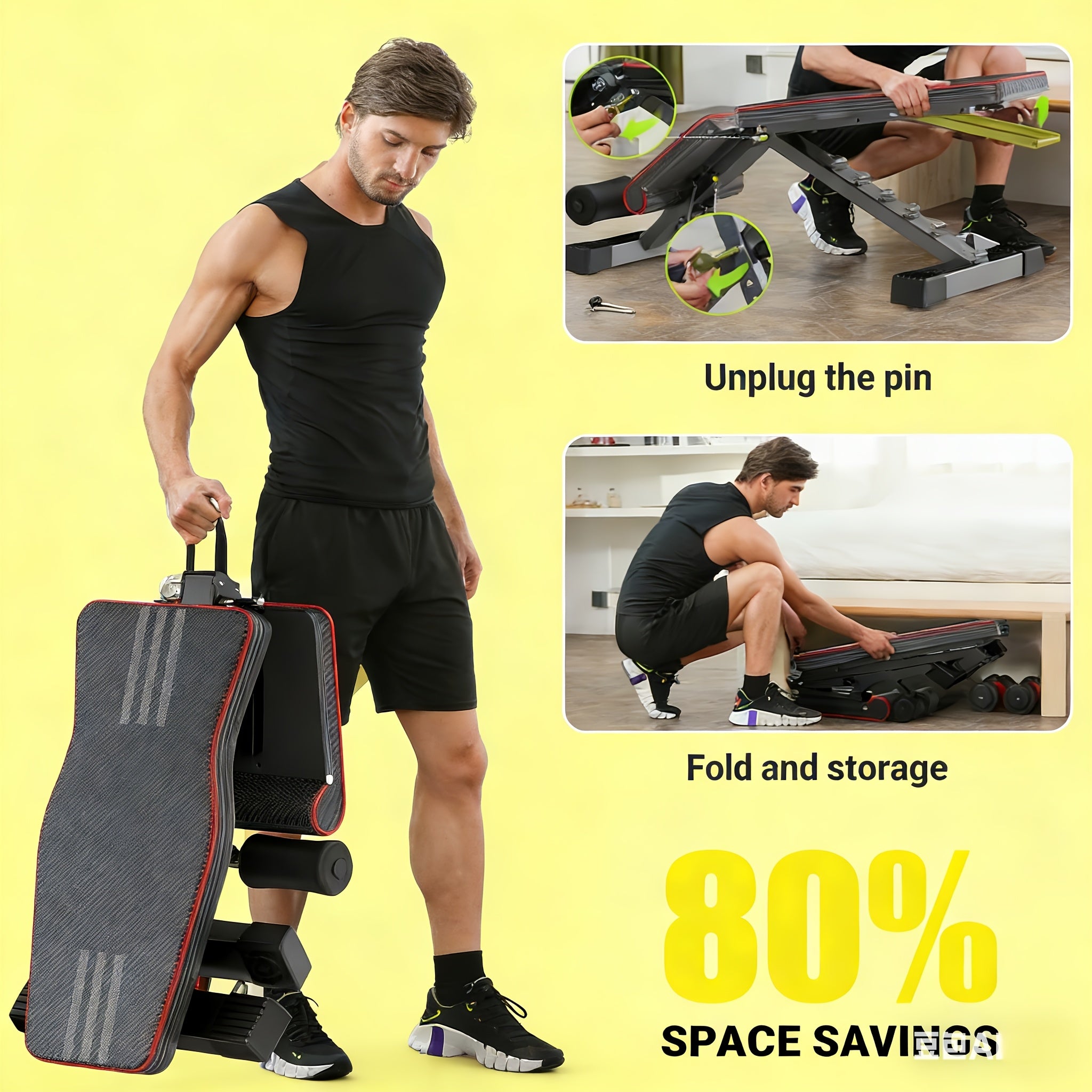 1 Banco de Halteres Plegable y Ajustable - Taburete de Fitness para Entrenamiento de Peso que Ahorra Espacio para Gimnasio, Entrenamiento Físico, Ejercicio Corporal y en Casa - Diseño Compacto, Portátil y Ergonómico