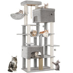 Poste Rascador para Gatos 200cm XXL, Incluye 10 Postes Rascadores, 2 Camas para Gatos, 2 Hamacas, Plataforma Grande, Cepillo para Gatos, Cesta, Árbol para Gatos de Alta Resistencia, Adecuado para Maine Coons y Gatos Grandes, Gris Claro, Gris Oscuro, Beige