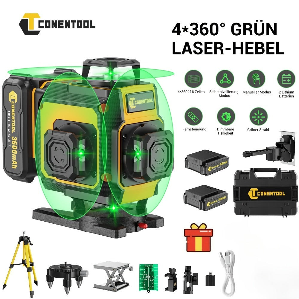 Nivel Láser Verde 4D de 16 líneas con retícula horizontal y vertical de alta precisión, rotación de 360°, nivelación automática y es un nivel láser multifuncional para medición precisa. Equipado con dos baterías de litio de 2400mAh/3600mAh