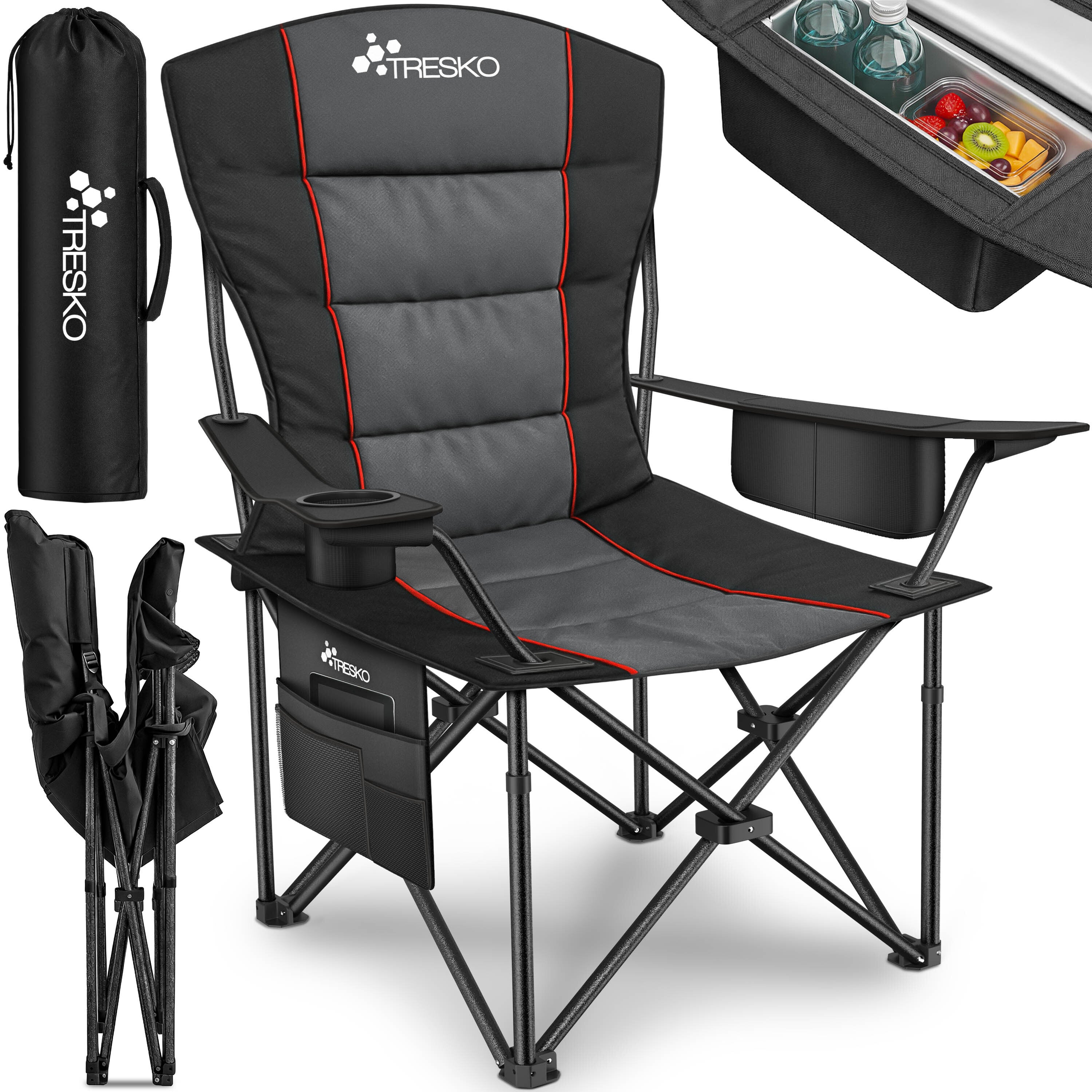 TRESKO® Silla de Camping Plegable hasta 200Kg | Silla Plegable con Bolsa Nevera, Portavasos y Bolsillo Lateral | Silla XXL Plegable Incluye Bolsa de Transporte | Silla de Pesca Acolchada para Exterior, Pesca, Festival y Jardín
