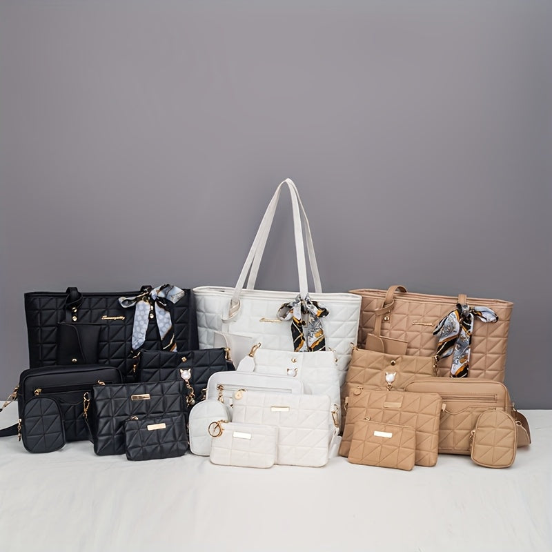 Bolso Tote de Rombo Elegante Juego de Siete Piezas | Juego Versátil de Dos Piezas con Bolso Bandolera, Bolso de Hombro, Bolso Cubo, Clutch | Bolso Tote Casual Multifuncional de Gran Capacidad | Decoración Clásica con Herrajes | Ideal para Viajes y Salidas