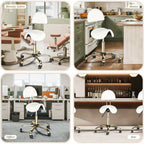 Taburete Bonnlo con Respaldo Extraíble, Taburete Giratorio de 360°, Taburete de Altura Ajustable (48-63Cm), Taburete Ergonómico con Ruedas y Capacidad de Carga de 180Kg para Salón/Oficina/Bar, Cuero Sintético (Blanco-Dorado, 40X34X91)