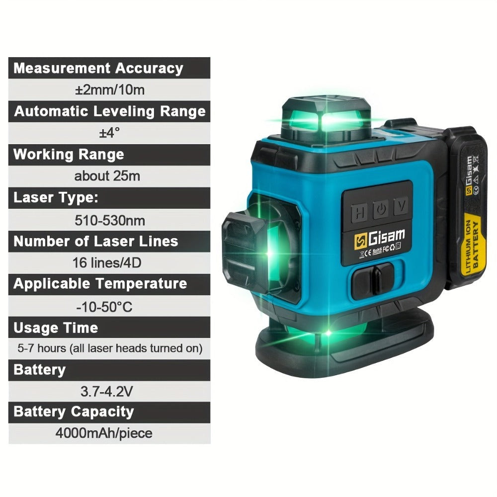 Nivel láser láser verde 4D multifuncional Gisam de 16 líneas con trípode y control por aplicación, autonivelante 360° con líneas cruzadas horizontales y verticales, alimentado por USB y batería, incluye estuche de transporte, haz superpotente, diseño port