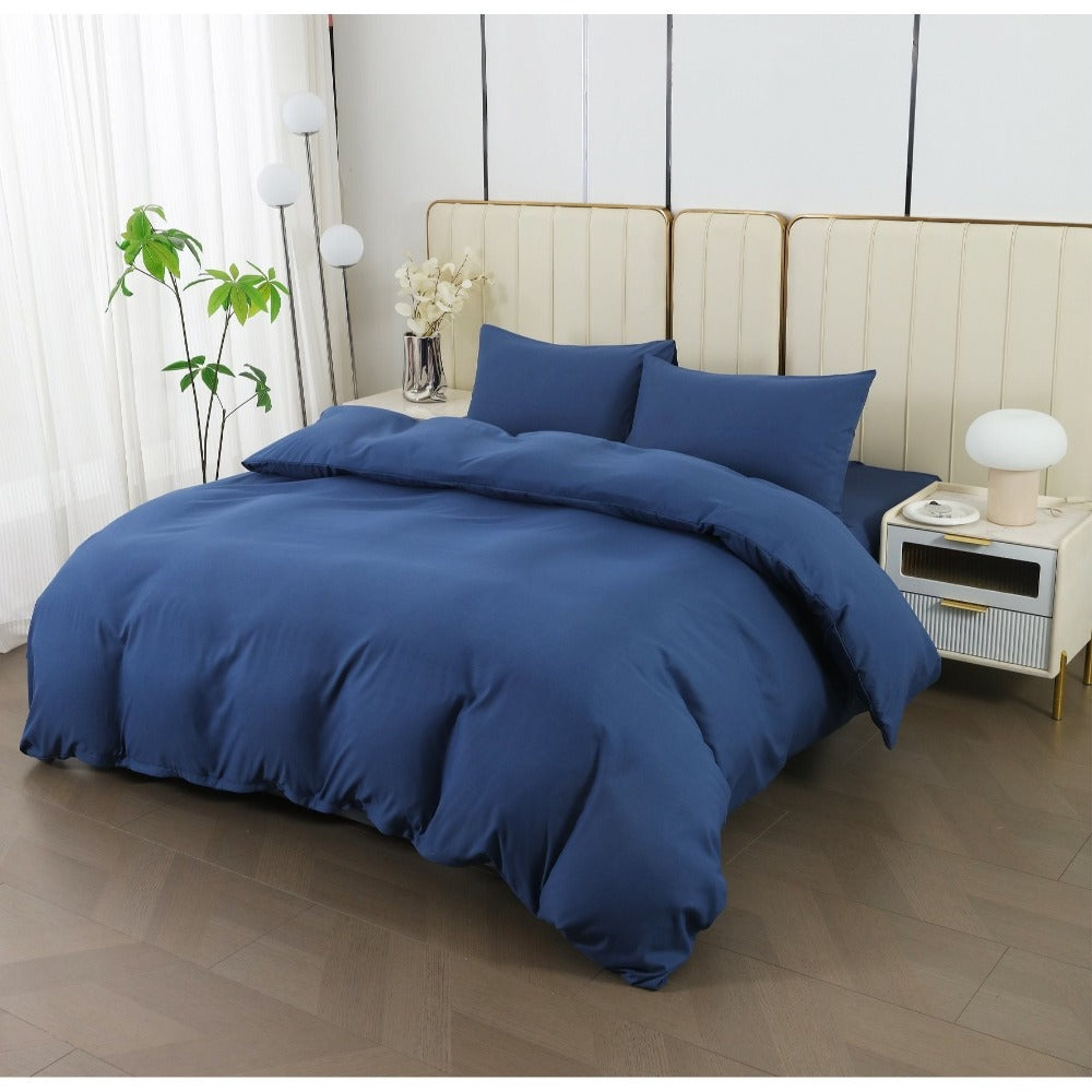 Juego de cama 4 piezas con funda elástica, (Funda de Edredón + Funda Protectora de Colchón + 1/2 Fundas de Almohada), Juego de Funda de Edredón 3-4 Piezas Estilo Nórdico de Color Sólido/Estampado, Ajustable para Camas de 90/105/135/150/180 cm, Regalo Navi