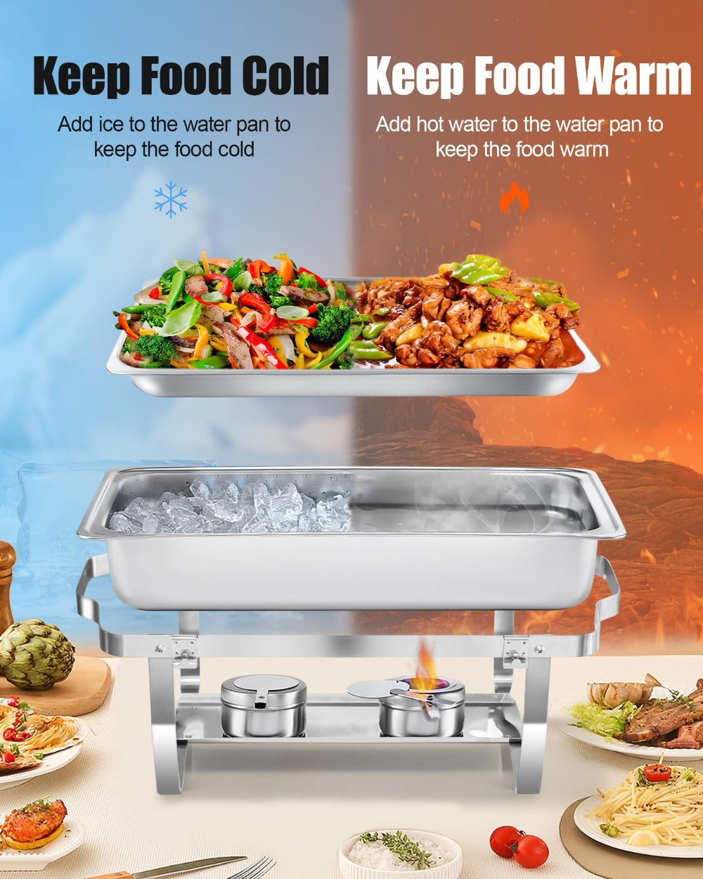 Juego de calentador de alimentos de acero inoxidable, plateado - Incluye tapa aislada, bandeja de agua, bandeja para alimentos, marco, rejilla de combustible - Adecuado para uso comercial y doméstico, utensilios de bufé con tapa cuadrada de acero inoxidab