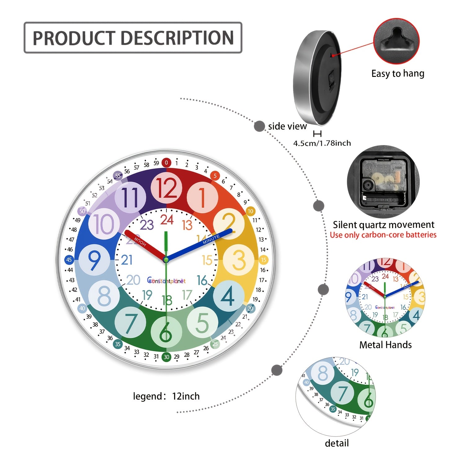 Reloj de pared de plástico con dibujos animados coloridos, con secciones de código de color para una fácil lectura, reloj silencioso de 20.32-30.48 cm (sin tic-tac), funciona con pilas, adecuado para aulas, dormitorios, salas de juegos, decoraciones de pa