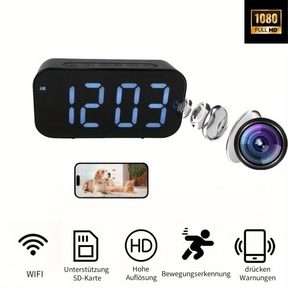 Cámara Despertador 1080P WIFI con Detección de Movimiento, Visualización Remota y Control por APP para Mantener Segura tu Hogar, Oficina, Mascotas y Bebés