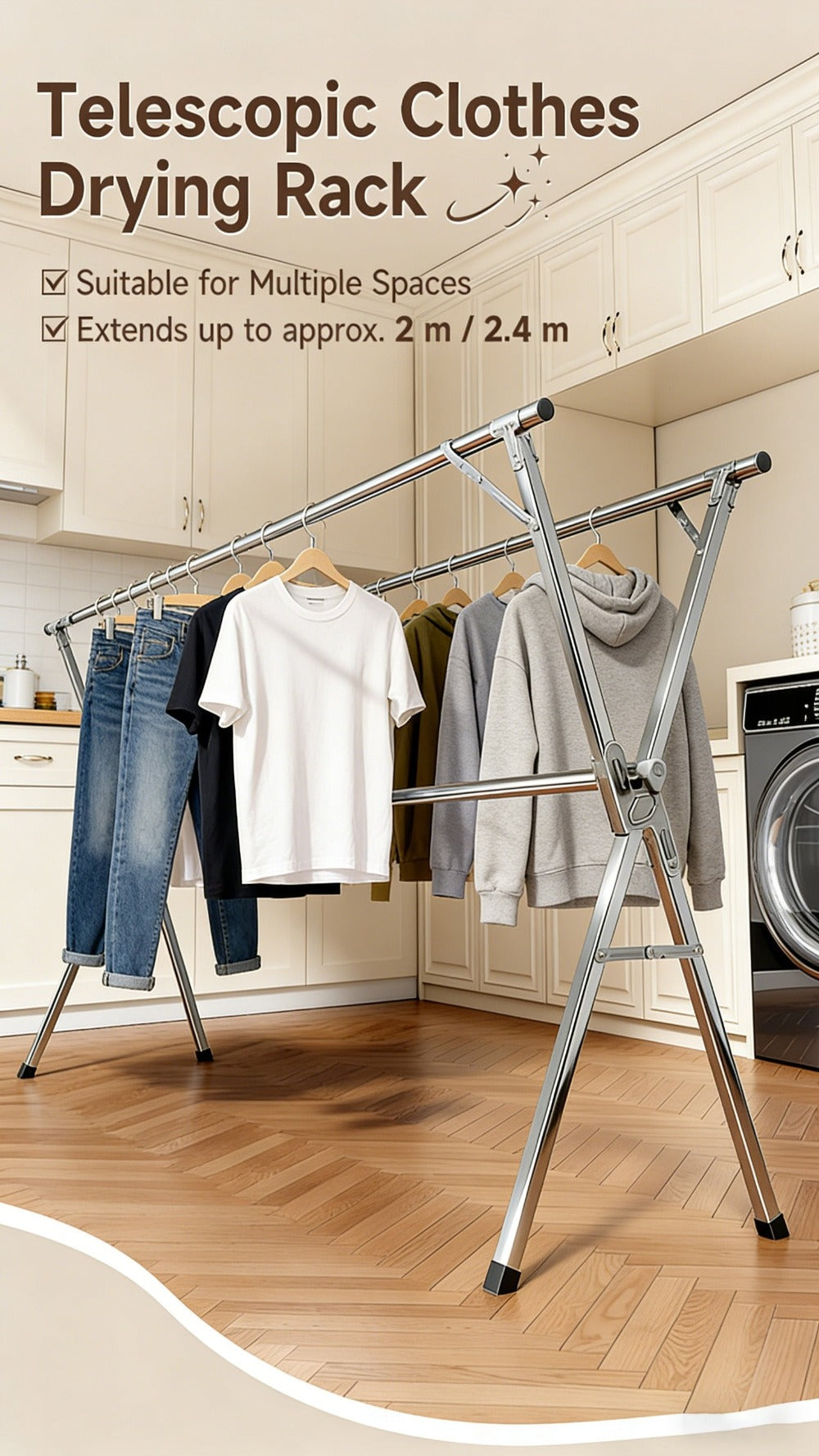 Tendedero de ropa telescópico plegable de marco en X de alta resistencia de 200.03cm/240.03cm, tendedero de lavandería retráctil de acero inoxidable independiente con clips a prueba de viento y para calcetines, ahorro de espacio para uso en interiores y e
