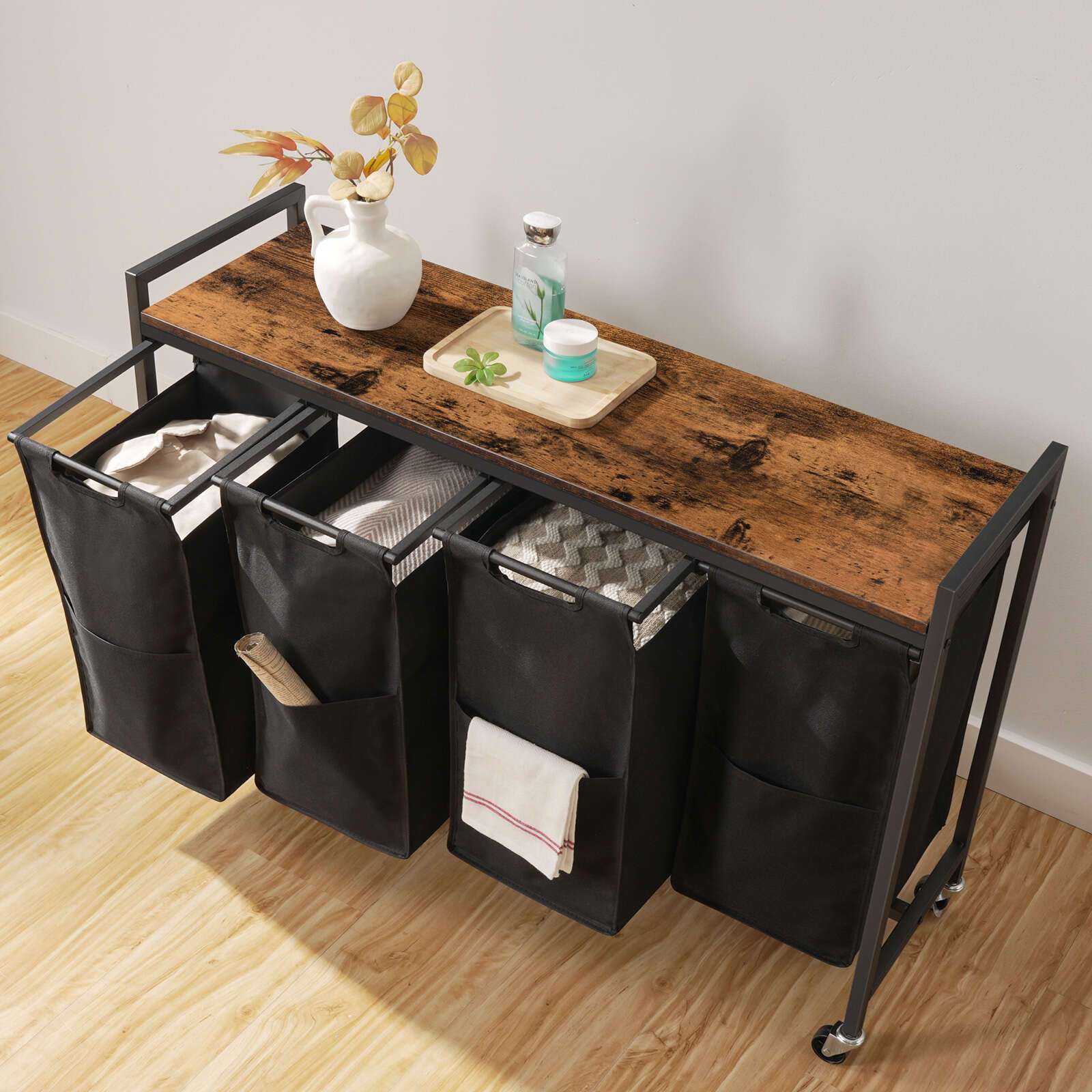 Gris y Negro, Marrón Rústico y Negro, Clasificador de Ropa 4 Secciones, Cesto de Ropa, Cesta de Ropa con Ruedas, 4 × 10.5 Gal (39.8L), Carro Rodante, Bolsas de Lona Oxford Extraíbles y Desmontables, Canastas de Ropa