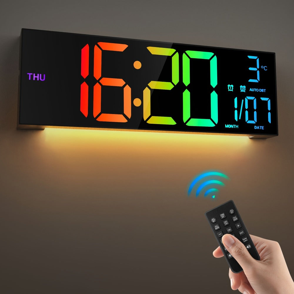 Reloj de pared digital grande de 41.91 cm con control remoto, gran pantalla LED/doble alarma/8 colores RGB/brillo automático/fecha/horario de verano automático/temperatura/luz nocturna, relojes de gimnasio para sala de estar, dormitorio, oficina, decoraci