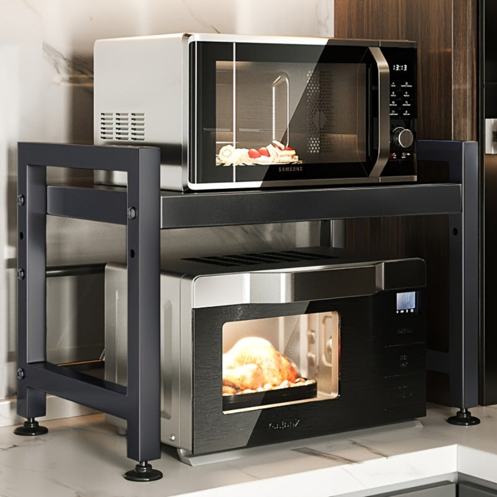 Estantería Negra Extensible para Cocina - Estante Ajustable de 2 Niveles con 6 Ganchos, Organizador Metálico para Encimera y Utensilios, Ahorra Espacio, 40-65cm, Fácil Montaje, Sin Madera, Diseño Moderno, Soporte para Utensilios, Estilo Metálico Elegante