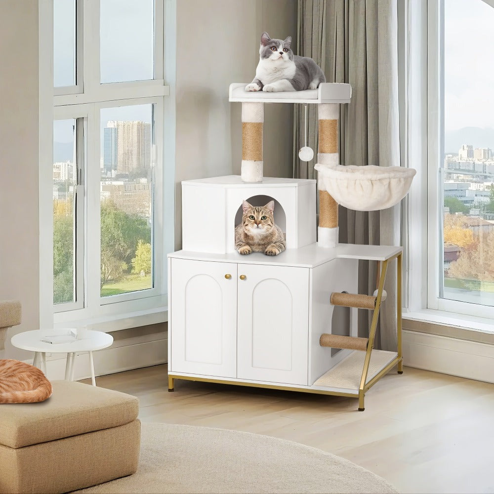 Árbol para Gatos con Gabinete para Caja de Arena, Gabinete para Gatos, Casa Moderna para Gatos 4 en 1 con Plataforma Grande, Casa para Gatos con Rascador de Sisal, Postes, Escaleras y Pompón, Cojines Lavables, Marfil Claro/Blanco