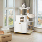 Árbol para Gatos con Gabinete para Caja de Arena, Gabinete para Gatos, Casa Moderna para Gatos 4 en 1 con Plataforma Grande, Casa para Gatos con Rascador de Sisal, Postes, Escaleras y Pompón, Cojines Lavables, Marfil Claro/Blanco
