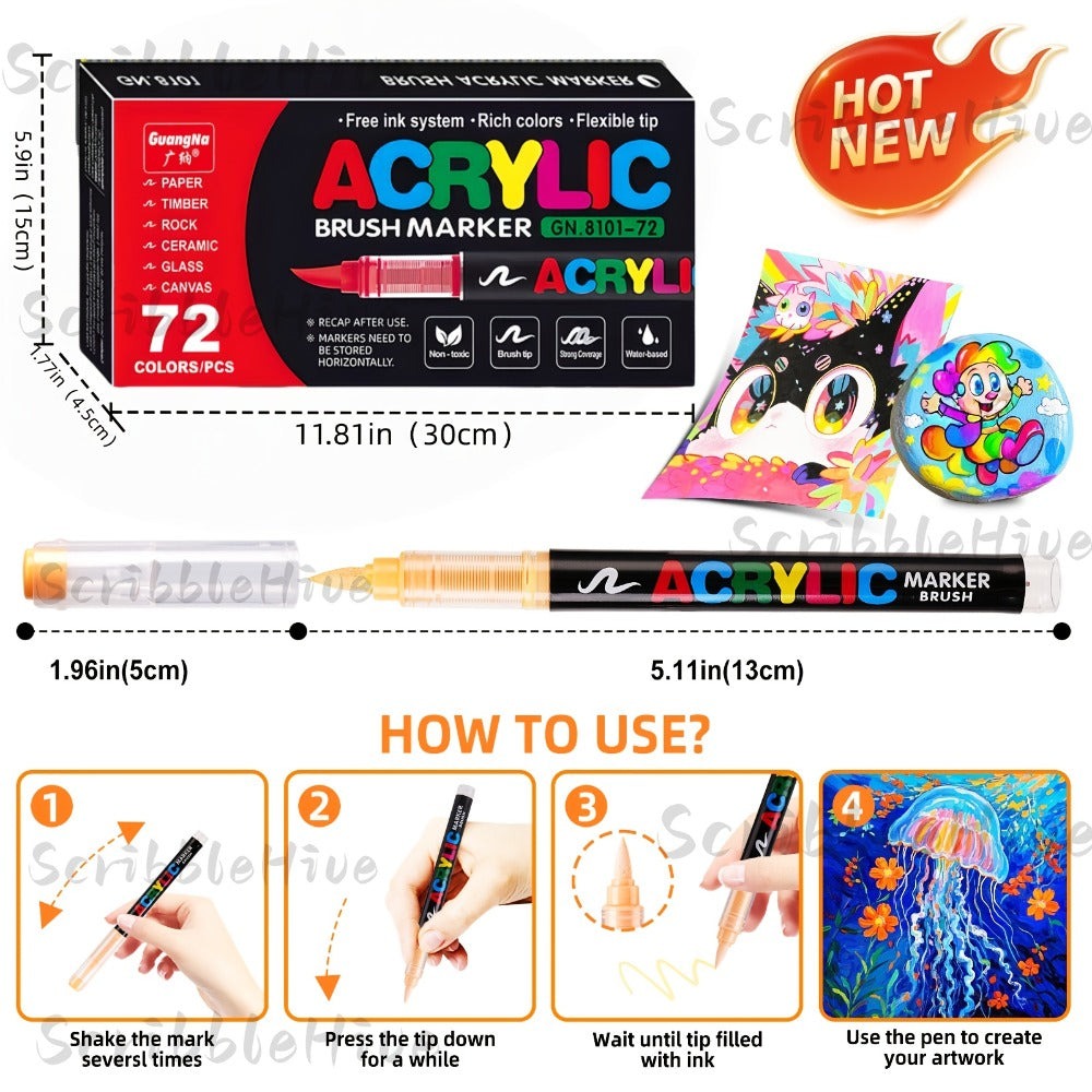 Rotulador de 72 colores con punta de pincel suave para roca, madera, lienzo, piedra, vidrio y cerámica - Punta no compactante para una aplicación suave - Perfecto para manualidades, regalos navideños y proyectos de arte, Arte P
