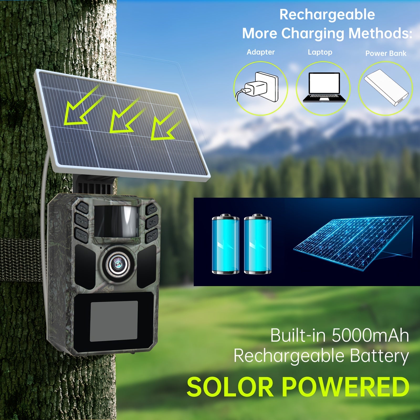 Cámara de Rastreo WiFi Solar - Cámara Recargable con Batería Integrada 5000mAh - 4K 64MP para Monitoreo y Observación del Medio Ambiente, Visión Nocturna, Compatible con Tarjeta de Memoria hasta 64GB e IP67 a Prueba de Agua (Versión sin Wifi)