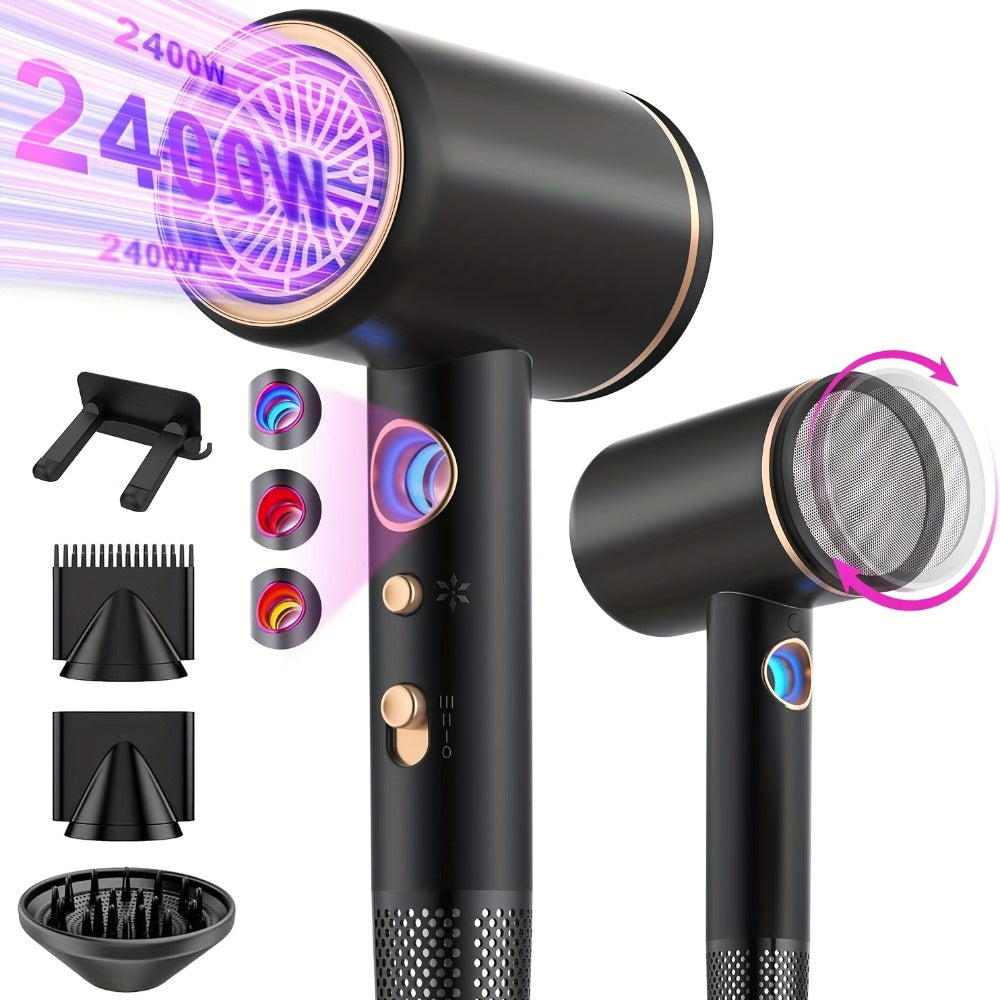Secador de pelo iónico profesional de 2400W con motor de CA, rápido, 3 niveles de calor y 3 velocidades, botón frío/calor, difusor de viaje incluido
