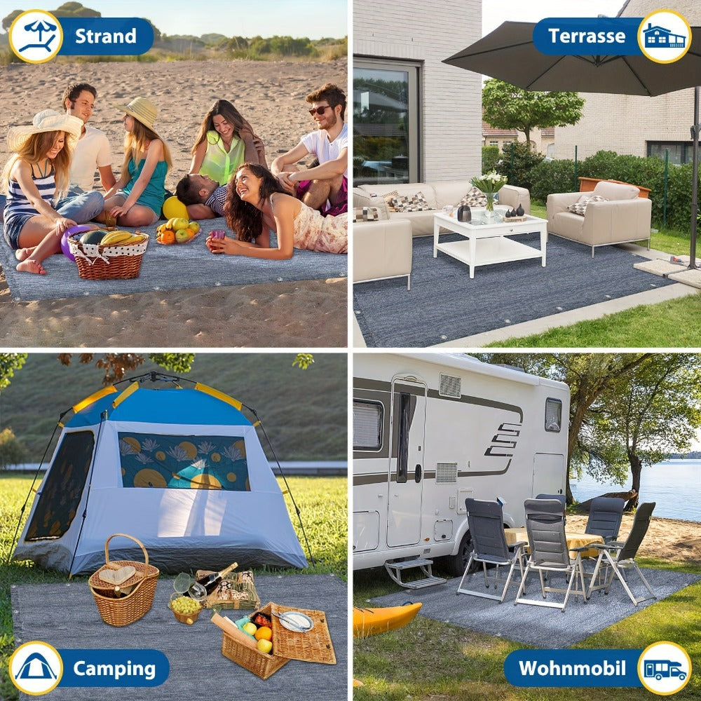 Alfombra para toldo antideslizante, alfombra de camping para exteriores, varios tamaños, suelo para tienda de campaña para caravana/motorhome con bolsa de transporte, orificios de fijación y clavijas (Gris Azul)