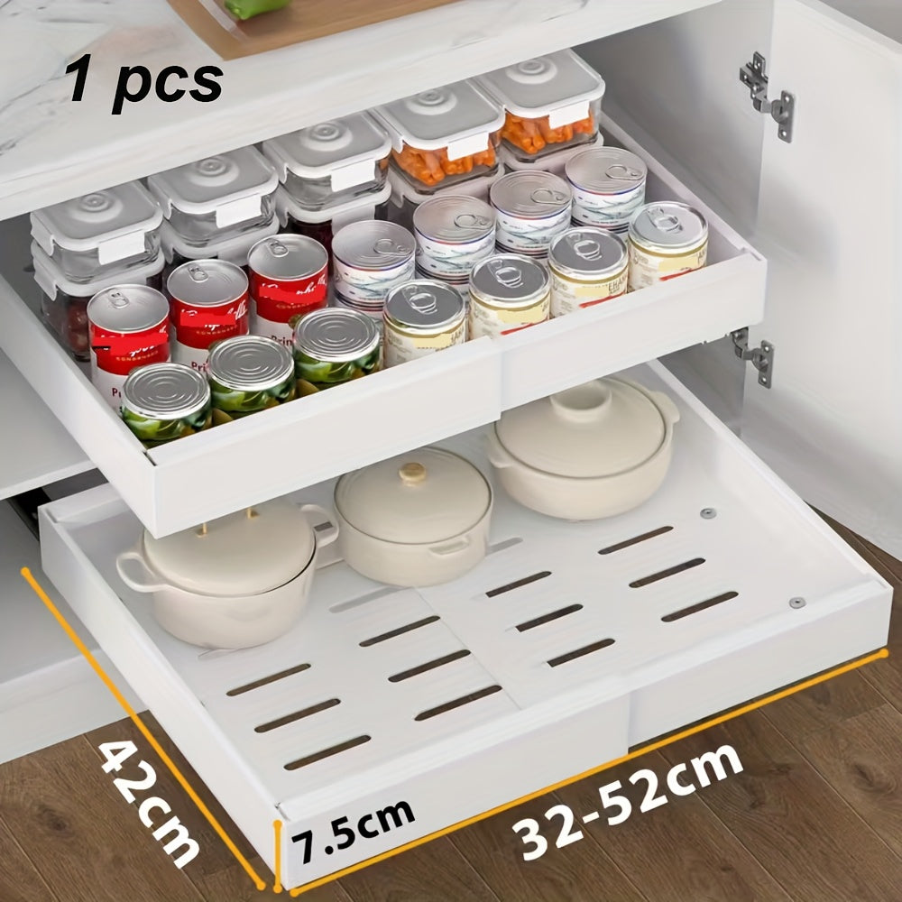 1 unidad de cajón telescópico, estantes de almacenamiento extraíbles y expandibles, ancho ajustable (31.5-52 cm), no requiere perforación para la instalación, adecuado para película adhesiva, diseñado para gabinetes de cocina y baño