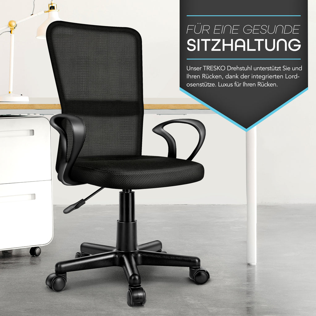 Silla de Oficina TRESKO® con Reposabrazos, Altura Ajustable Continua | Silla Giratoria de Malla Transpirable | Silla de Escritorio con Ruedas de Plástico Ligeras, Superficie Acolchada, Ajuste Ergonómico | Silla de Ordenador Ideal para Oficina en Casa, Hab