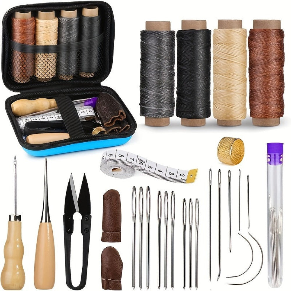 Juego completo de kits de costura de cuero - Esenciales para hacer y reparar cuero para manualidades, tapicería y proyectos DIY - Incluye agujas de costura de ojo grande, hilos de cera y herramientas para artesanos de cuero