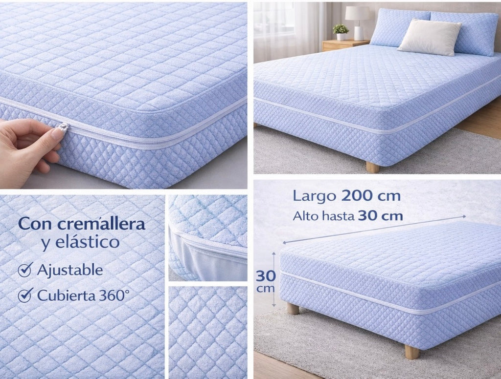Funda de colchón con cremallera L180° y elástico – Funda completa para colchones de largo200×alto30 cm, tejido suave, no pierde color, disponible en varios tamaños (90/105/135/150 cm)