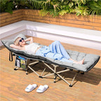 Cama de camping plegable con colchón, tumbona de jardín, cama de invitados con bolsillo lateral y bolsa de transporte para vacaciones en el jardín, oficina, interior y exterior.