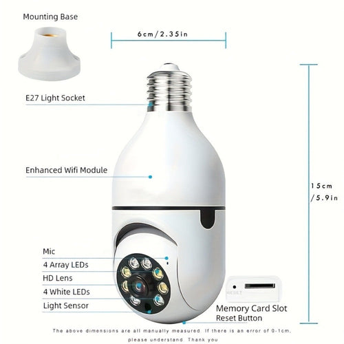 1pc Ease Life App - Cámaras de Seguridad Tipo Bombilla para Interior y Exterior, Cámara Wifi Inalámbrica de 2.4Ghz, 360 Grados, Cámaras de Seguridad con Rosca E27 para Seguridad en el Hogar, Cámaras Tipo Bombilla Seguras, HD 1080P, Visión Nocturna a Todo