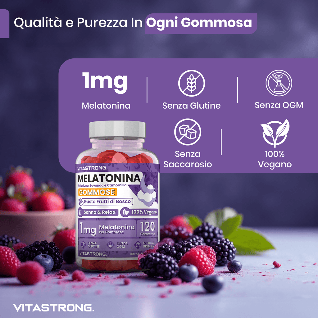 Melatonina Vegan Vitastrong en Gomitas, 120 Gomitas de 1 Mg (1 por Día, Suministro para 4 Meses), Sin Sacarosa, Sin Gluten, Sabor a Frutas Rojas, con Valeriana, Lavanda, Manzanilla y Vitamina B6