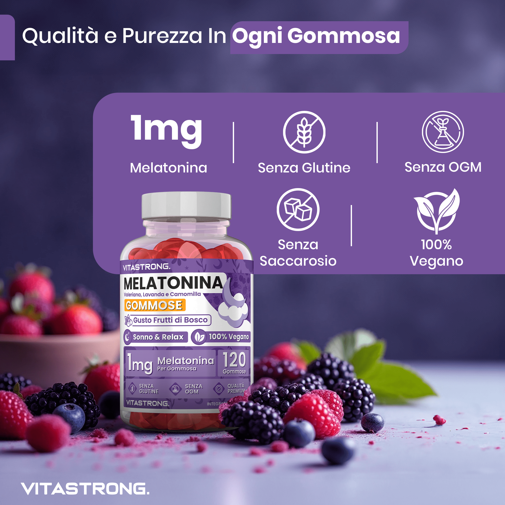 Melatonina Vegan Vitastrong en Gomitas, 120 Gomitas de 1 Mg (1 por Día, Suministro para 4 Meses), Sin Sacarosa, Sin Gluten, Sabor a Frutas Rojas, con Valeriana, Lavanda, Manzanilla y Vitamina B6
