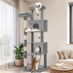 Fobyfurny Árbol para Gatos, Torre de 178cm para Gatos de Interior, Marco de Escalada para Gatos de Múltiples Niveles con Postes Rascadores, Tabla Rascadora, 2 Condominios Cómodos, 2 Perchas, Pompones, Lugar de Descanso