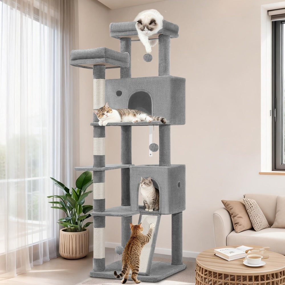 Fobyfurny Árbol para Gatos, Torre de 178cm para Gatos de Interior, Marco de Escalada para Gatos de Múltiples Niveles con Postes Rascadores, Tabla Rascadora, 2 Condominios Cómodos, 2 Perchas, Pompones, Lugar de Descanso