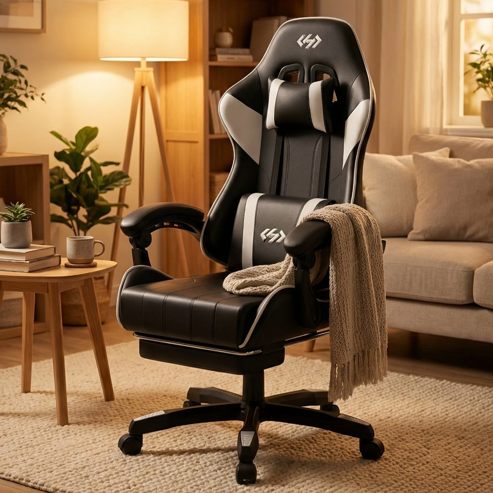 Silla de gaming ergonómica, silla de oficina con altura y respaldo ajustables, silla de oficina para computadora con soporte lumbar, reposapiés y reposacabezas, silla de gaming giratoria 360° con reposabrazos articulados
