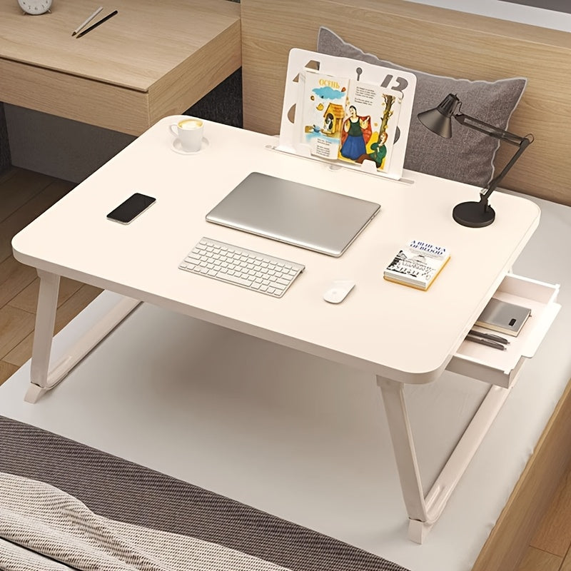 Mesa auxiliar | Mesa Auxiliar Plegable con Cajón de Almacenamiento, Ranura para Tarjetas y Portavasos, Escritorio de Corcho para Portátil para