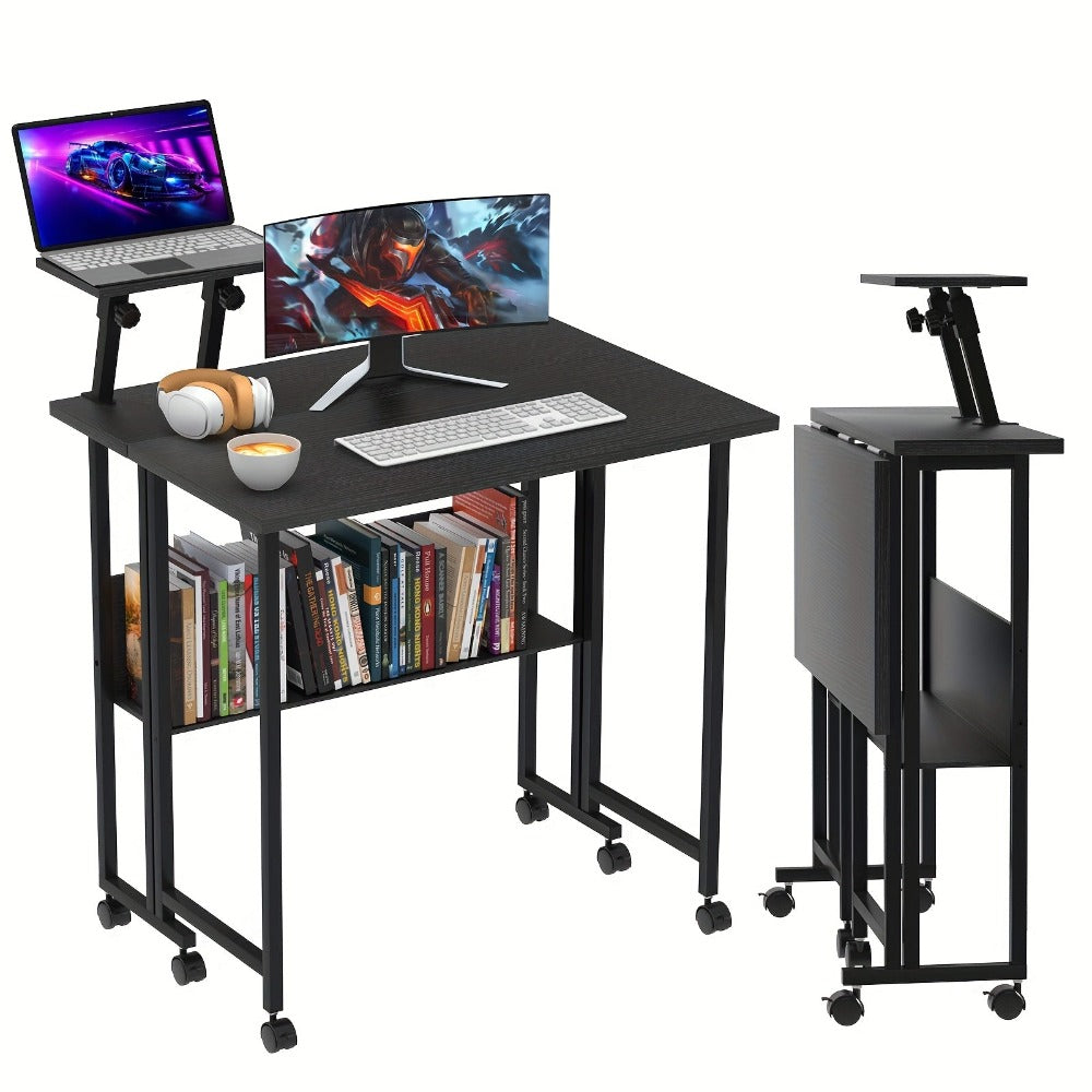 Escritorio Plegable, Escritorio para Computadora con Ruedas y Estantes de Almacenamiento, Escritorio Compacto Ahorrador de Espacio, 80x58x75cm
