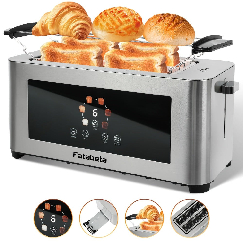 Tostadora de Pan 1400W, Tostadora de Acero Inoxidable, Pantalla Táctil LCD, 2 Ranuras Anchas para Tostadas, Tostadora de 4 Rebanadas, 7 Niveles de Marron, con Calentador de Rosquillas, Bandeja de Salpicaduras Extraíble