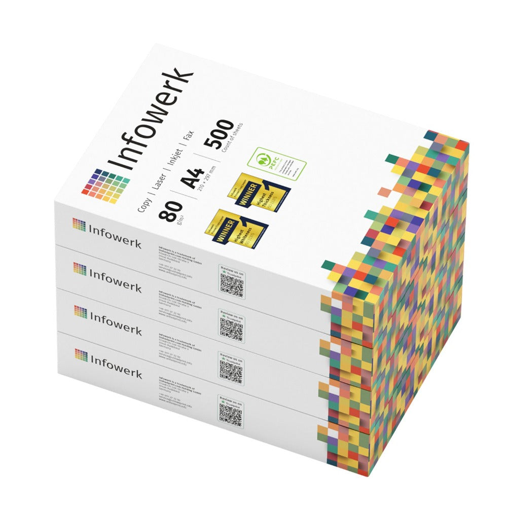 Infowerk Papel para Impresora, Papel de Copiadora 2000 Hojas 4 X 500 A4 80G Blanco Premium Certificado PEFC