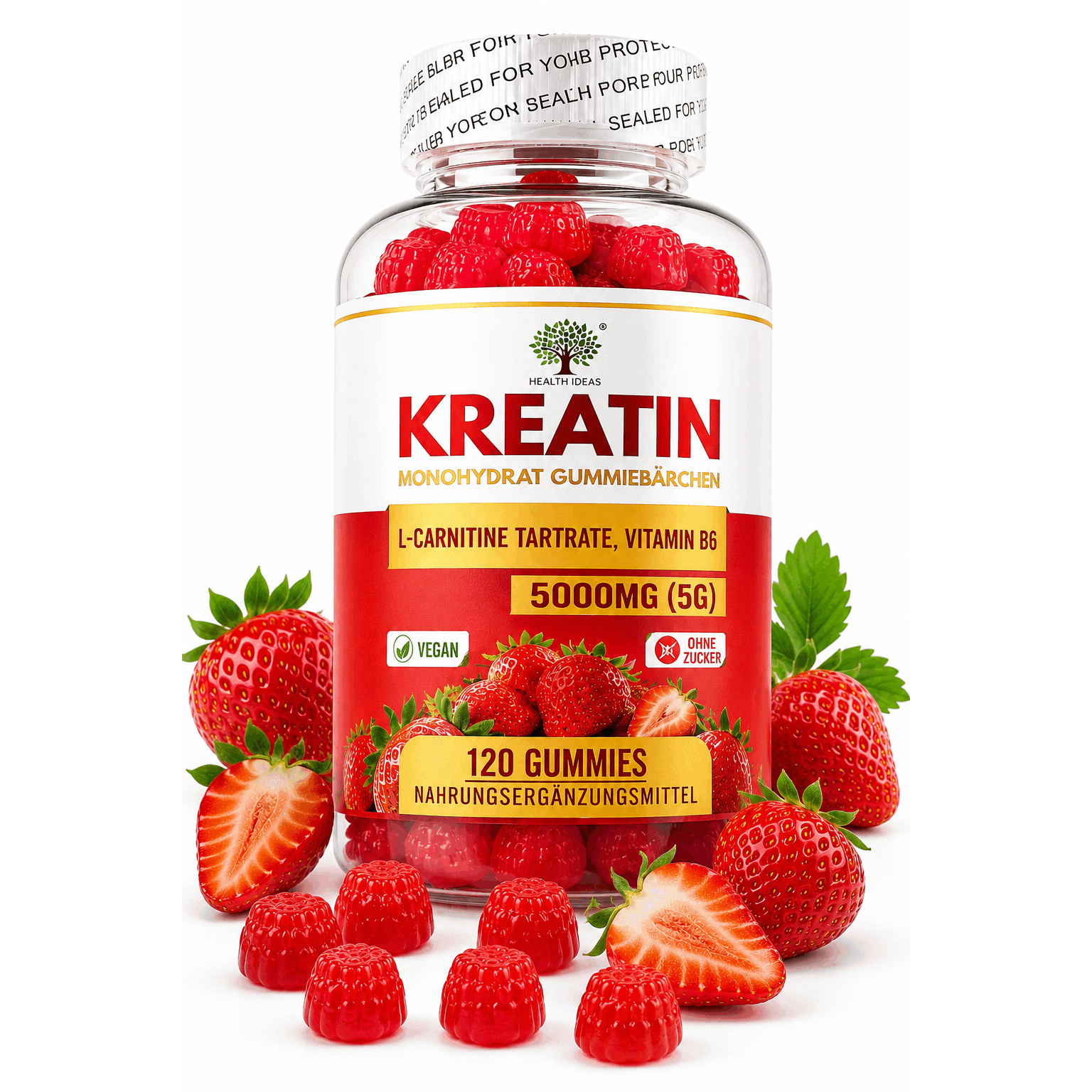 Creatina Monohidrato Gomas de Fresa 5000mg (5g) por Porción – 120 Gomas de Fresa Veganas – Con Tartrato de L-Carnitina y Vitamina B6 – Suplemento Alimenticio Sin Azúcar para Adultos – Fórmula Diaria Fácil de Masticar – Alternativa Conveniente a las Polvos