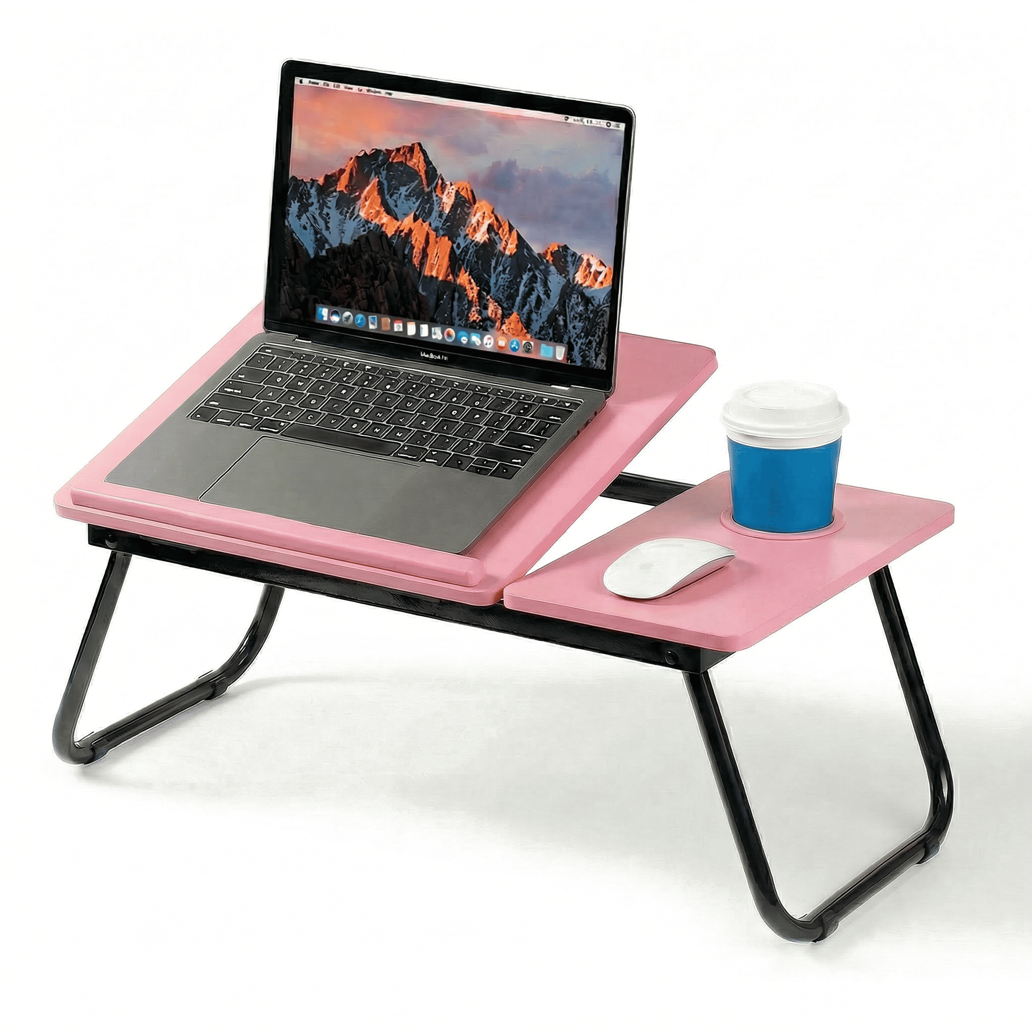 Mesa plegable para cama y sofá con altura ajustable de 5 niveles, bandeja con superficie ajustable y portavasos, mesa pequeña multifunción para ordenador, libros, trabajo y estudio en casa (56x32x25cm)