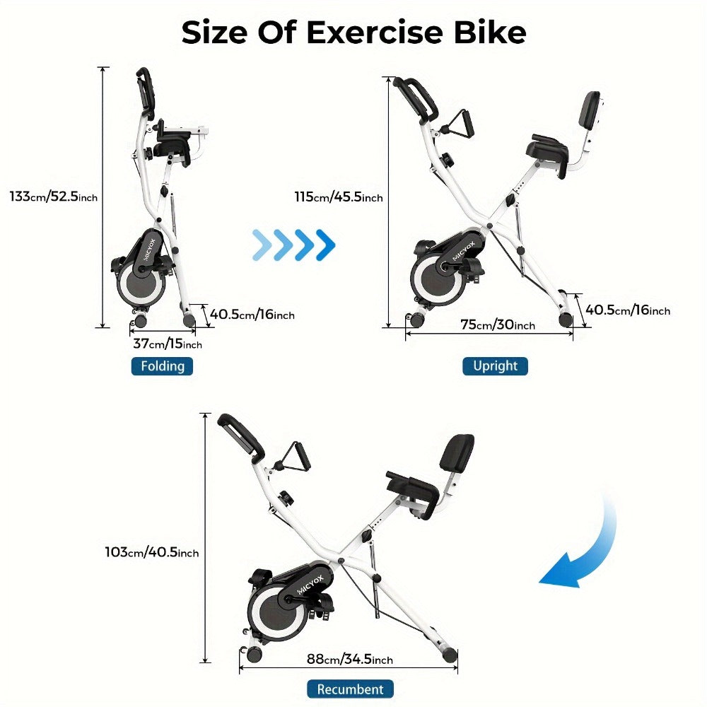 Bicicleta estática plegable de interior Micyox MX711 con asiento extragrande, 16 niveles de resistencia, pantalla, sensor de frecuencia cardíaca, equipo de fitness que ahorra espacio