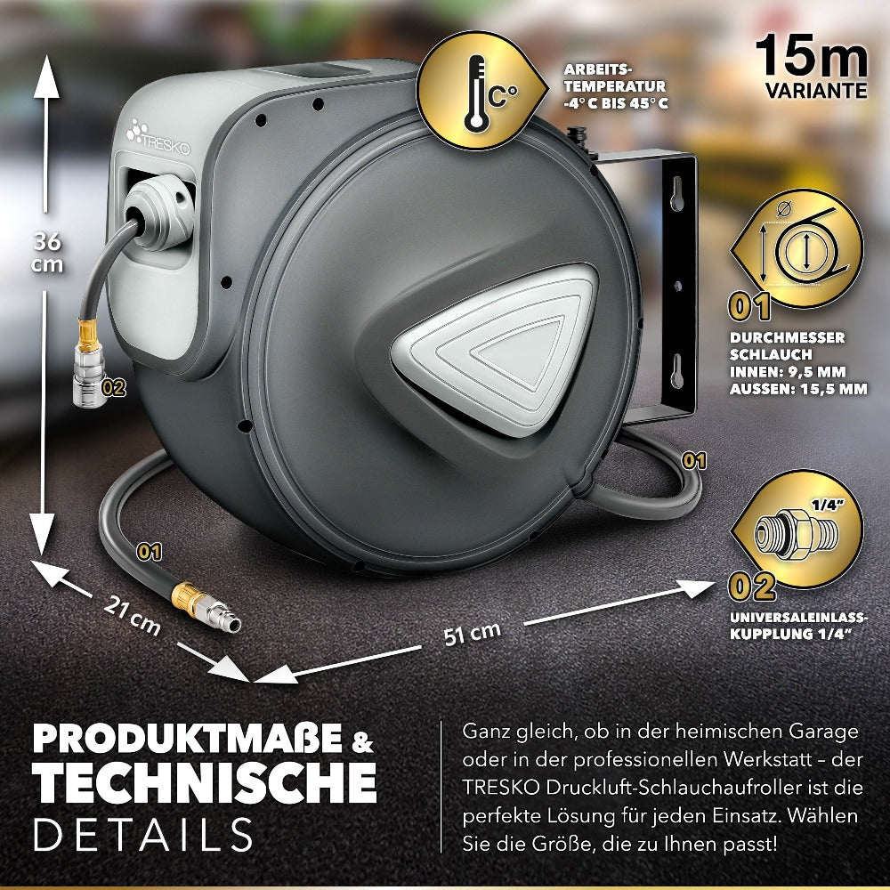 TRESKO® Carrete Automático para Manguera de Aire | Enrollador de Manguera de Aire de 1/4" | Soporte Automático para Manguera Montado en la Pared