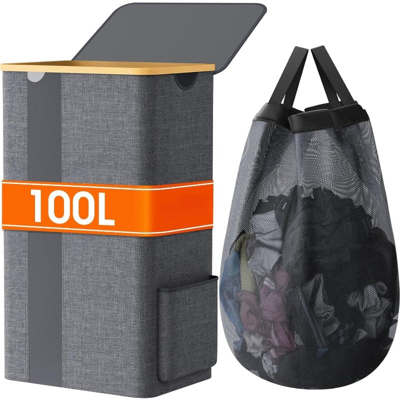 Cesto de lavandería Furnestorica con tapa, diseño de malla transparente con capacidad clara, cesto de ropa de lavandería de 100L con asas y bolsa de lavandería extraíble, cesto de diseño transpirable con tapa para dormitorio, baño, residencia, lavandería,