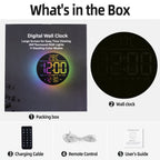 Reloj de pared digital - 25 cm/10 11" RGB, brillo automático, temperatura, fecha y día, horario de verano automático, luz nocturna, sin tictac, reloj de pared eléctrico LED moderno para dormitorio, sala de estar
