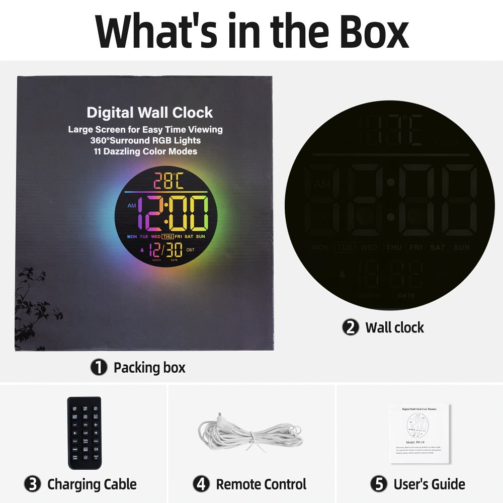 Reloj de pared digital - 25 cm/10 11" RGB, brillo automático, temperatura, fecha y día, horario de verano automático, luz nocturna, sin tictac, reloj de pared eléctrico LED moderno para dormitorio, sala de estar