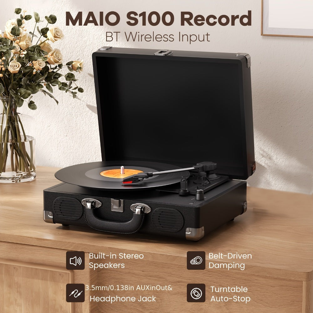Maio S100 Gramófono Vintage, Disco de Vinilo, Tornamesa, Dispositivo de Gramófono, Estéreo de Alta Fidelidad, Altavoz Incorporado, 3 Velocidades, Gramófono Vintage Accionado por Correa, Salida de Música de 3.5 mm, Se Puede Conectar a Altavoces Externos, E