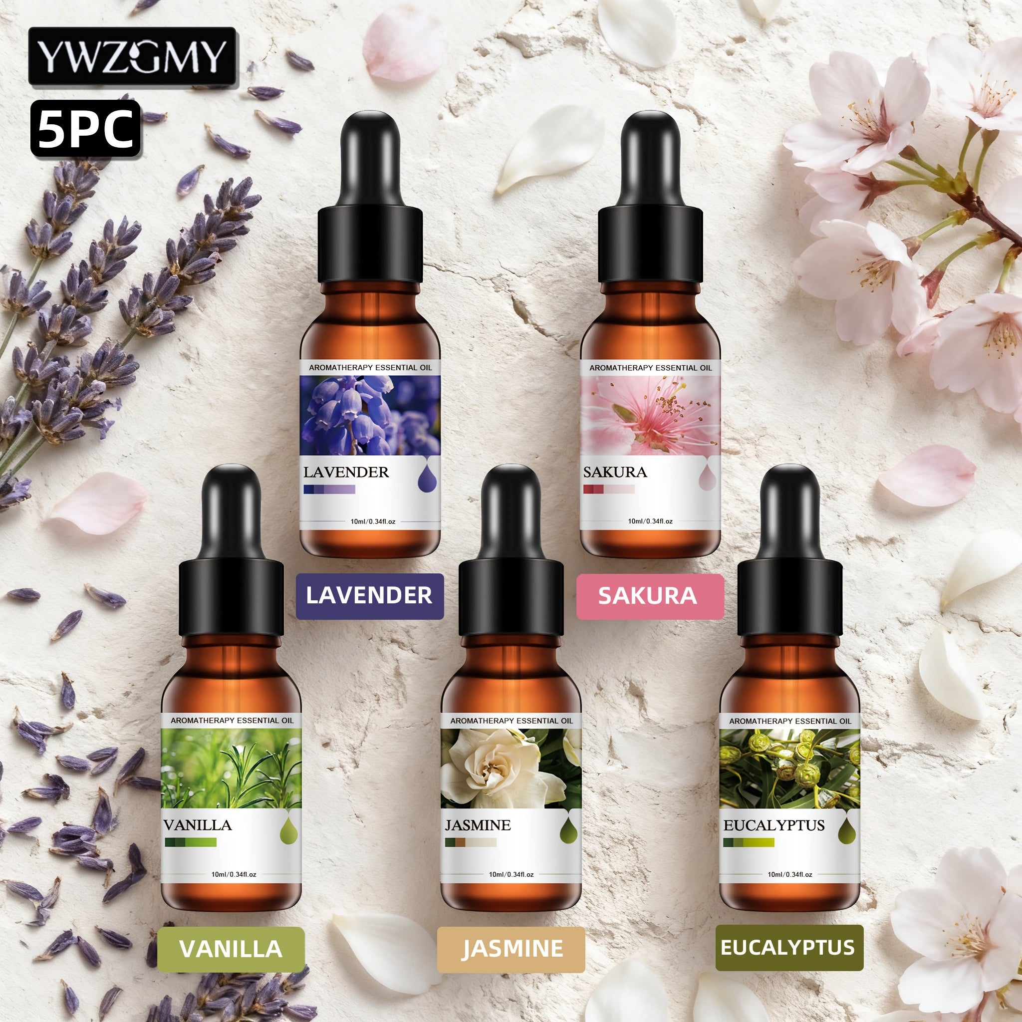 Aceites esenciales y accesorios | Set de 5 goteros para aceites esenciales, difusor de aroma, velas perfumadas, quemador de aceite aromático