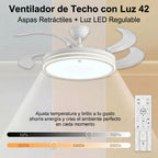 Ventilador de techo moderno con luz LED de 50W con regulación continua, aspas retráctiles y mando a distancia – Motor DC de cobre puro silencioso, bajo consumo y larga duración, brillo y temperatura ajustables, 6 velocidades, memoria y temporizador. Ideal